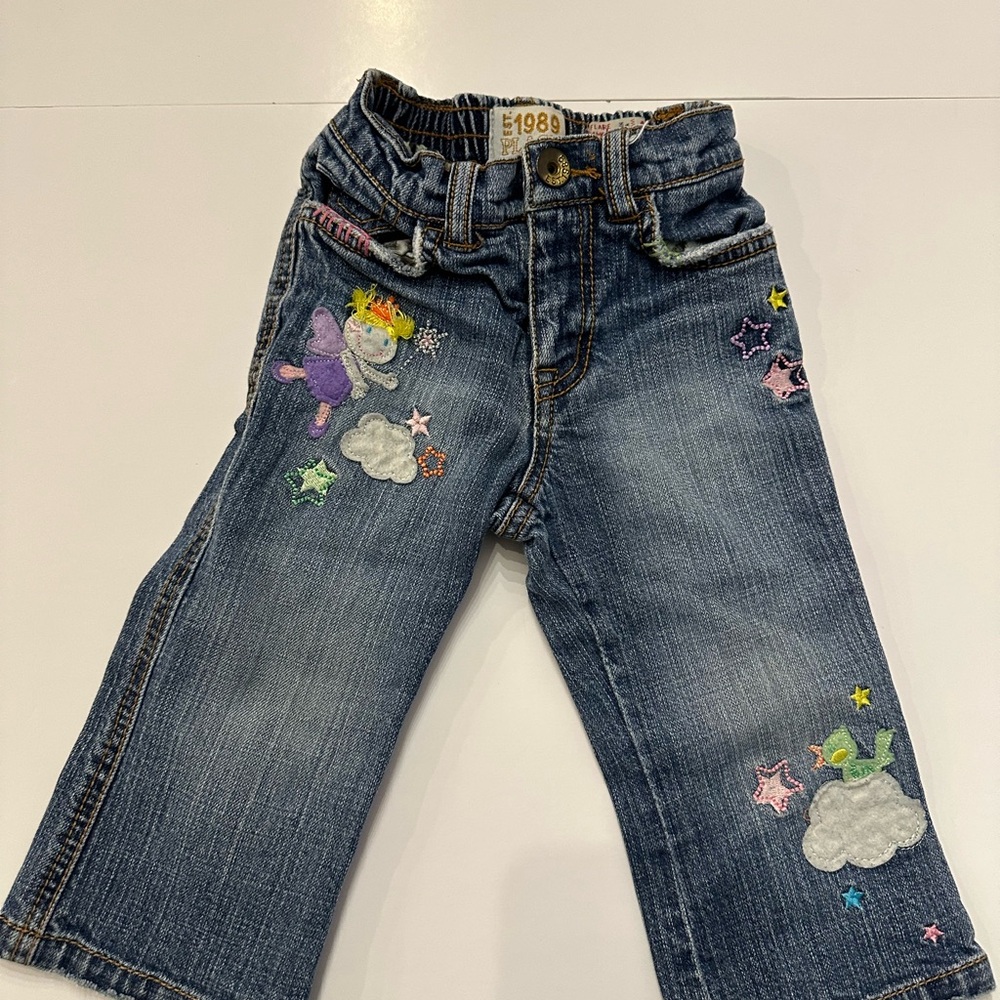 10/20$ Baby Toddler Flare Denim Jeans with Fairy Themed Patches Size 18 months